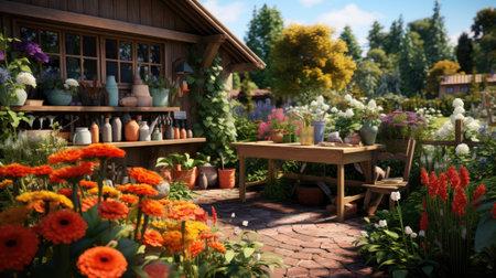 Flower garden with wooden table and chairs, selective focus on flowersの素材