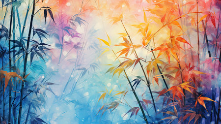 Bamboo forest with bright orange and blue leaves. Abstract background.の素材