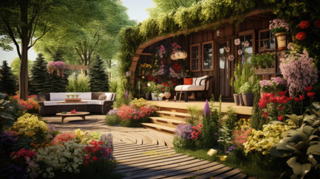 A cozy terrace with wooden furniture and flowersの素材