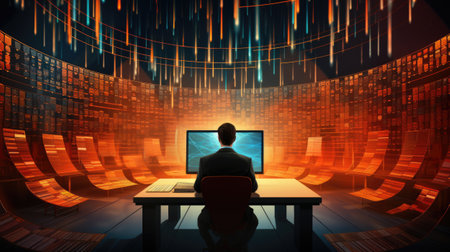 Businessman sitting in front of computer monitor with stock market trading graphの素材