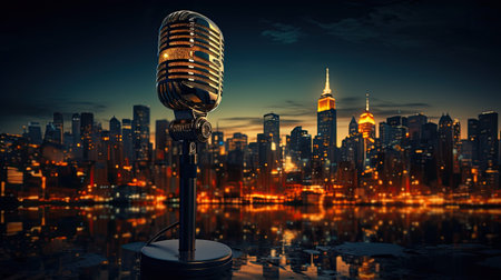 Retro microphone on the background of the city.の素材