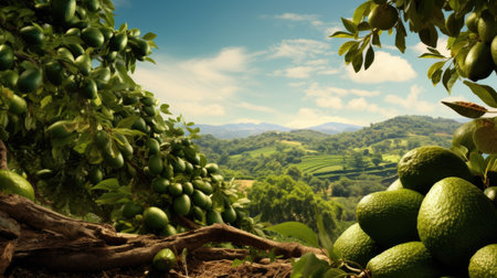 Green ripe avocados growing on the vineyardsの素材