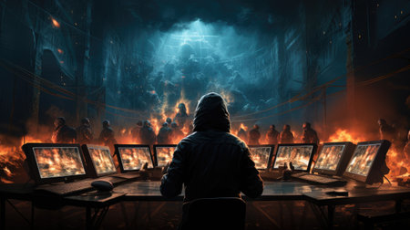 Hacker in front of computer screen with fire and smoke on backgroundの素材