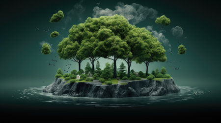 Green island in the sea with trees and birds.の素材