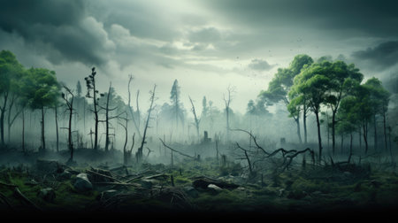 Fantasy landscape with forest and fog at night.の素材