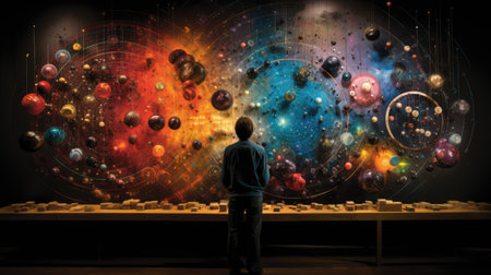 Man looking at planets in the space, science and technology concept.の素材