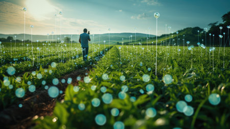 Crops field with blue bokeh and manの素材