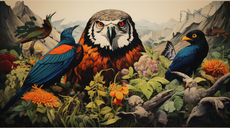 cartoon scene with owl and parrot in the jungleの素材