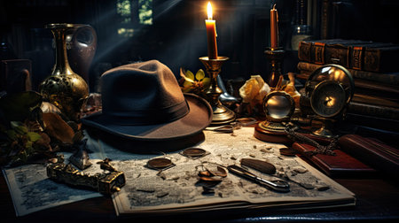 Vintage still life with old map, compass, magnifying glass, hat, candlestick and books.の素材