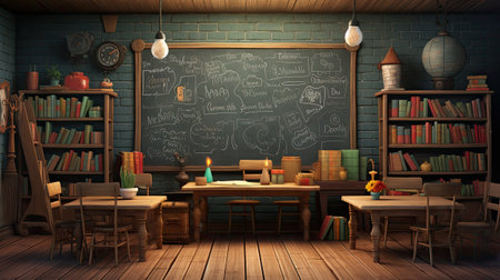 A school classroom with blackboard on the wallの素材