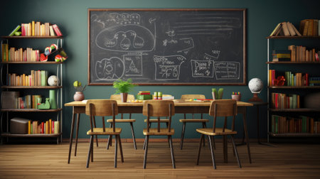 Interior of modern dining room with blackboard and wooden table.の素材