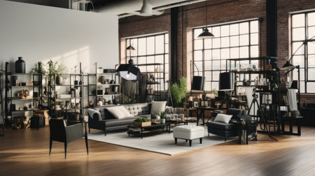 Interior of modern living room with furniture and daylight.の素材