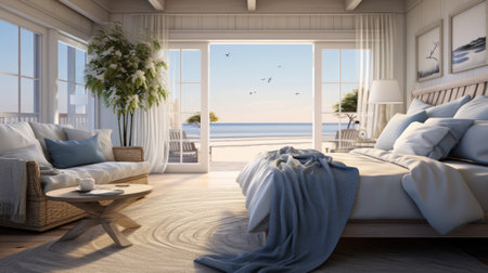 A modern bedroom with sea view in the backgroundの素材