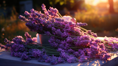 Bouquet of lavender flowers in a vase at sunsetの素材