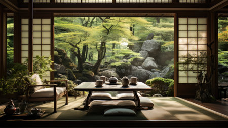 Japanese style garden with stone wall and wooden table.の素材