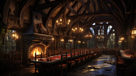 Interior of a medieval church at night.の素材