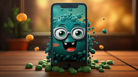 Smartphone with funny face and green eyes.の素材