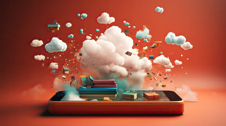 Smartphone with cloud and books flying out of it.の素材