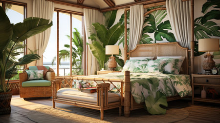 A bedroom interior design with tropical plants and furnitureの素材