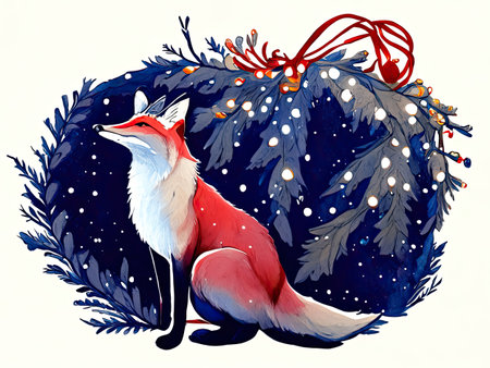 Christmas card with a red fox and a Christmas tree.の素材