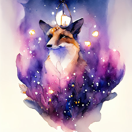 Watercolor Christmas greeting card with watercolor fox and lights.の素材
