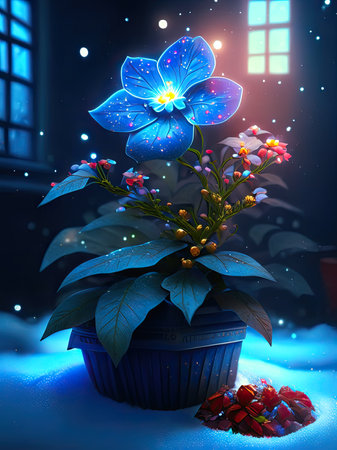 Blue flower in the pot on the snow backgroundの素材