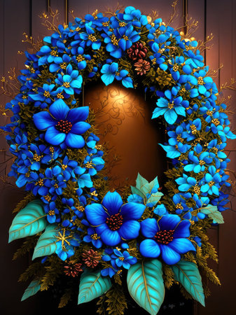 A beautiful wreath with blue flowers and leavesの素材