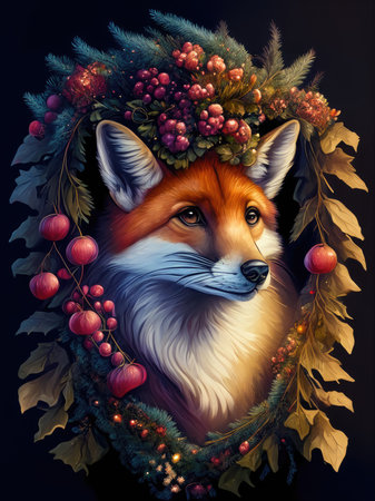 Portrait of a fox in a wreath of branches with berries.の素材