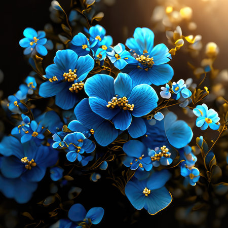 Beautiful blue flowers on a black background.の素材