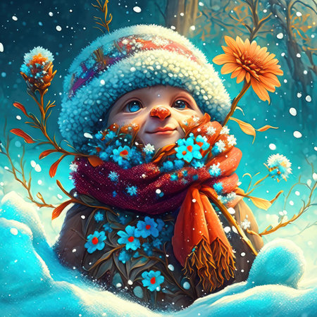 Little snowman in a knitted hat and scarf with a bouquet of flowers.の素材