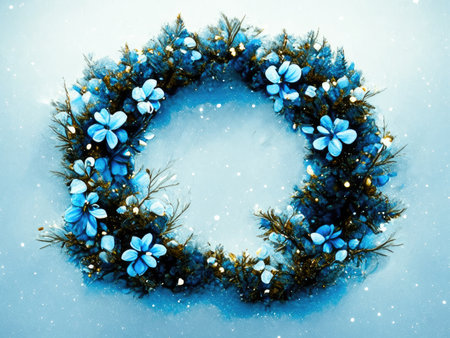 Christmas wreath with blue flowers and pine branches on snow background.の素材
