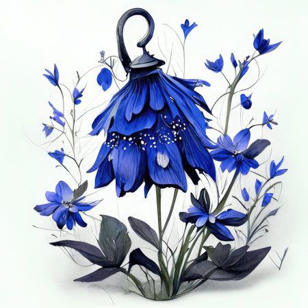 Watercolor blue flowers in a pot on a white backgroundの素材