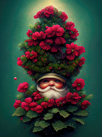 Santa Claus with christmas tree made of red flowers and green leavesの素材