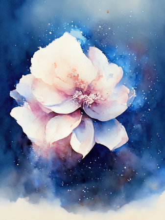 Watercolor peony flower on blue background.の素材