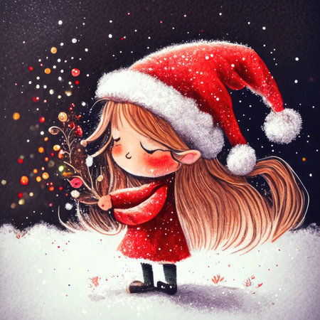 Cute little girl in red Santa Claus hat with long hair in the snow.の素材