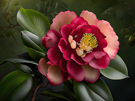 Beautiful camellia flower on dark background.の素材