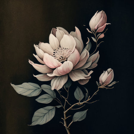 Magnolia flower on black background in vintage style.の素材
