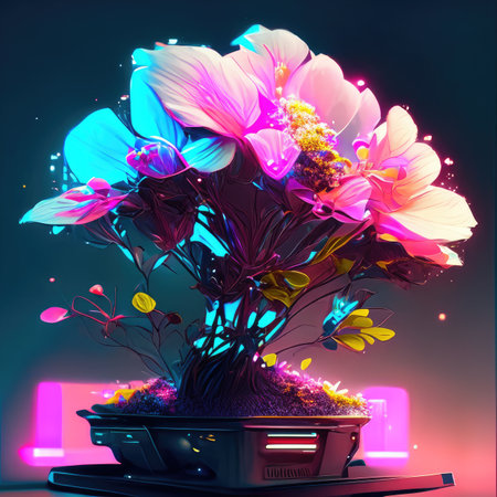 Flowers in a pot with neon lights.の素材