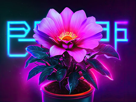 Pink flower in a pot with a neon backgroundの素材