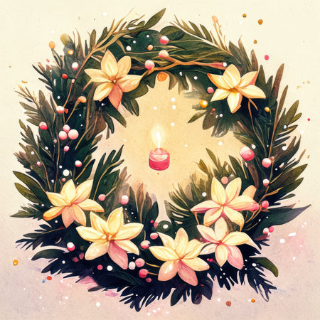 Watercolor Christmas wreath with flowers and candle.の素材