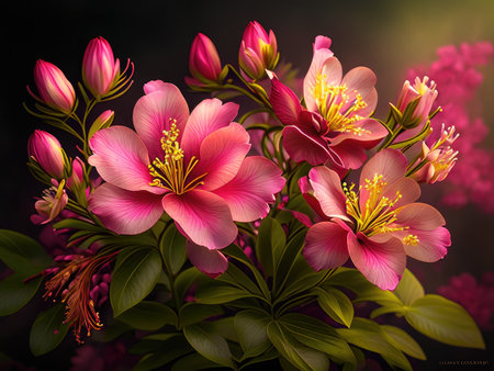 Beautiful bouquet of pink flowers on a dark background, close-upの素材