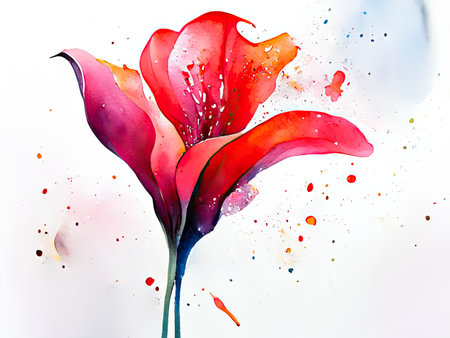 Abstract watercolor painting of red lily flower on white background.の素材