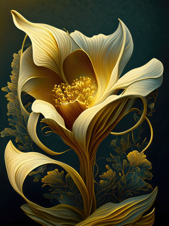 A beautiful yellow flower in a vase on a dark backgroundの素材