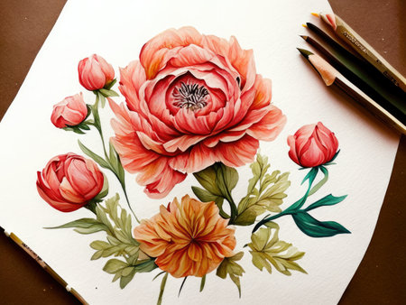 Flower painting on paper with pencils.の素材
