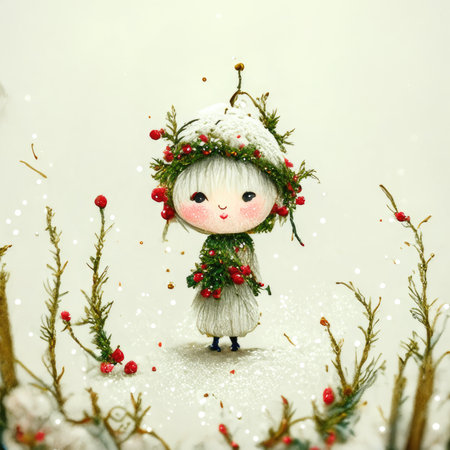 Cute christmas doll with winter wreath on white background.の素材