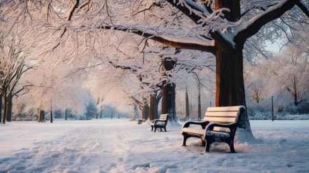 Beautiful winter landscape with snow covered trees and bench in the parkの素材