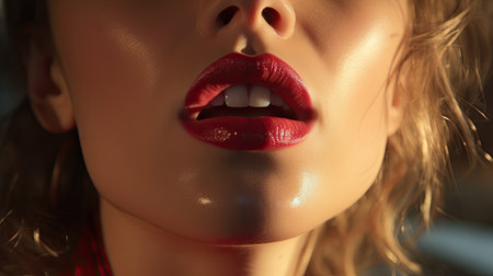 Sexy red lips of a beautiful young woman. Close-up.の素材