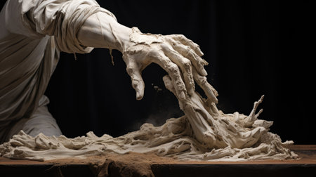 Hands of a man in a white robe making dough on a black backgroundの素材