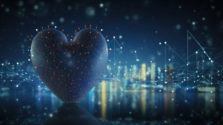 Digital heart against city lights and blue backgroundの素材