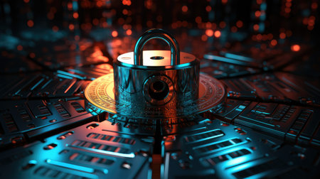 Cyber security concept. Golden padlock on computer keyboard.の素材